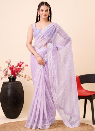 Lavender Net Embroidered Classic Sari
