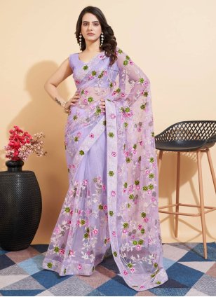 Lavender Net Embroidered Designer Sari