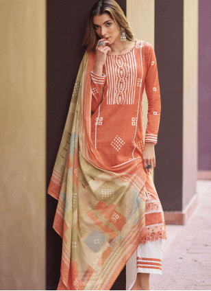 Light Orange Cotton  Embroidered Women's Salwar suit