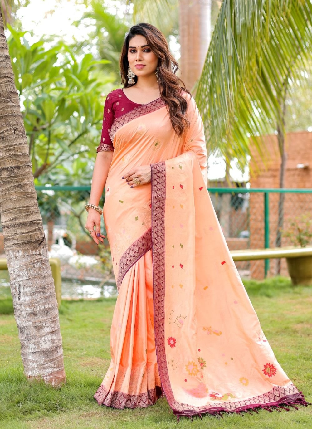 Coral Peach Silk Saree with Contrast Blouse