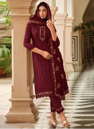 Maroon Chinon Embroidered Salwar suit