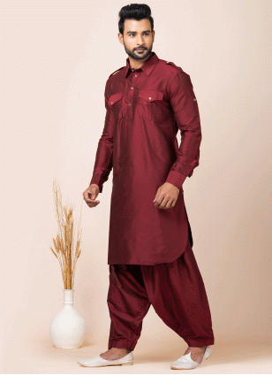 Maroon color Viscose Pathani Suit