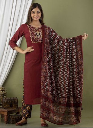 Maroon Cotton  Embroidered Readymade Salwar Suits