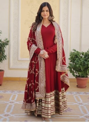 Soft Premium Net Wedding wear Gown in Maroon Color with Embroidery