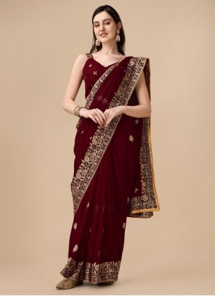 Maroon Georgette Embroidered Designer Saree