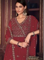 Maroon Georgette Embroidered Trendy Salwar Suits