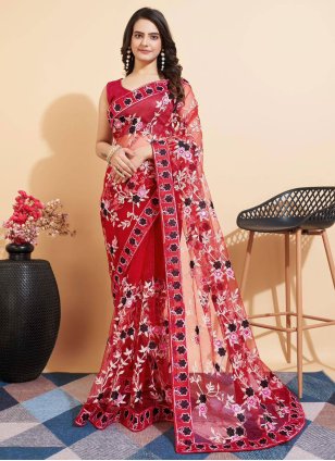 Maroon Net Embroidered Classic Sari