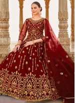Maroon Net Embroidered Trendy Salwar Suits