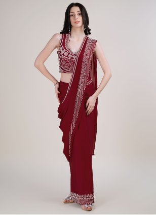 Maroon Satin Beads Contemporary Sari