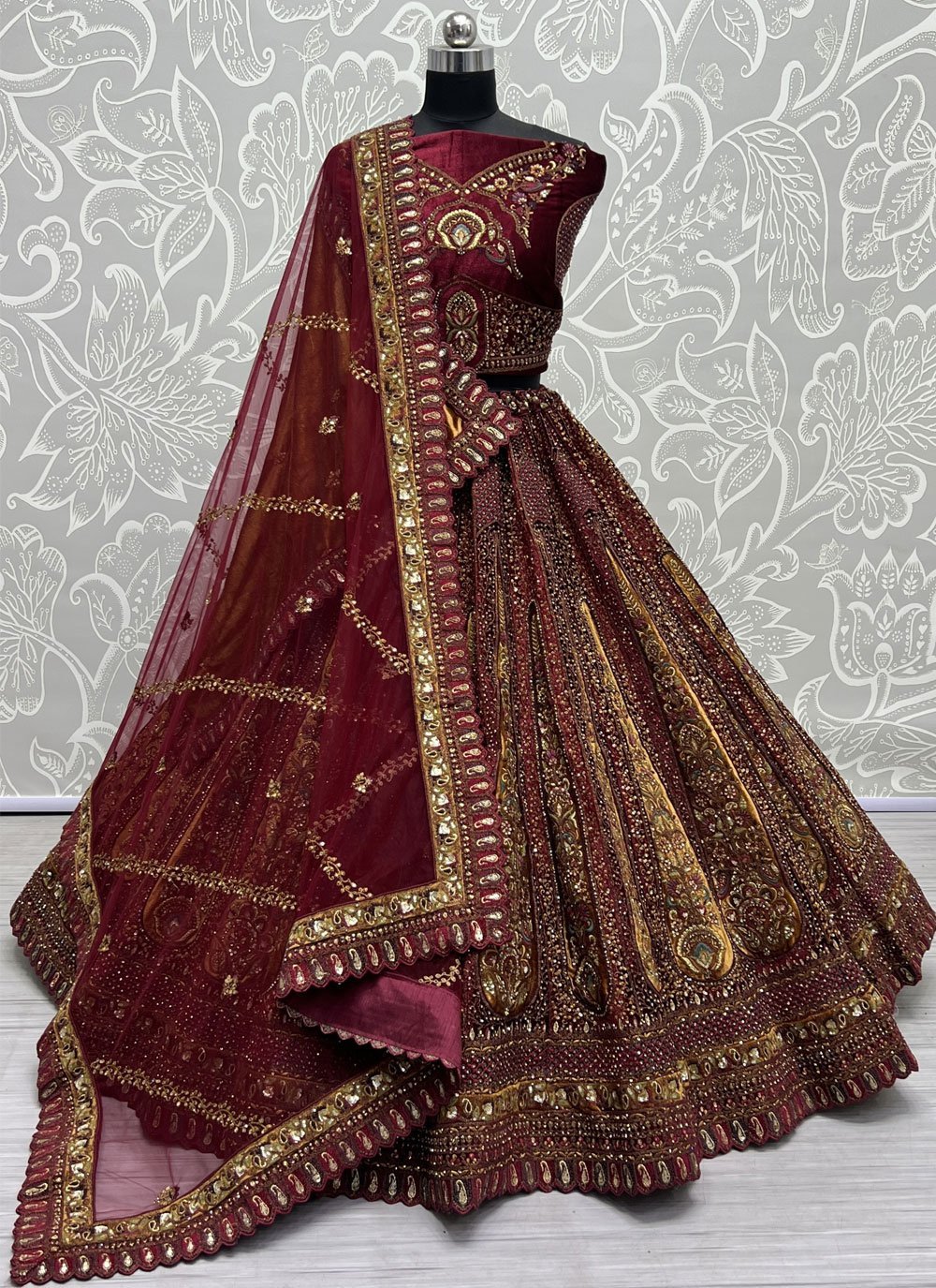 Atsevam Maroon Embroidered Semi-Stitched Lehenga Choli Set With Dupatta