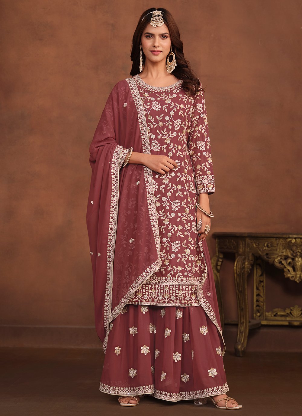 Mauve Georgette Embroidered Trendy Salwar Suits