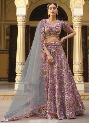 Mauve Silk Flower Print Lehenga Choli