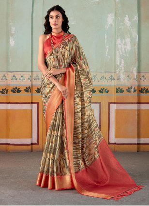 Multi Colour Handloom Silk Flower Print Classic Saree