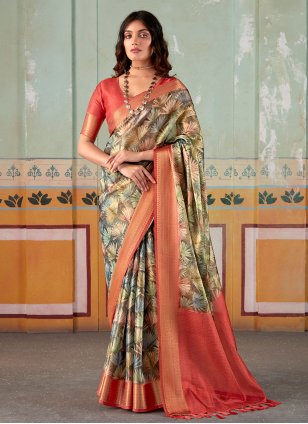 Multi Colour Handloom Silk Flower Print Designer Sari
