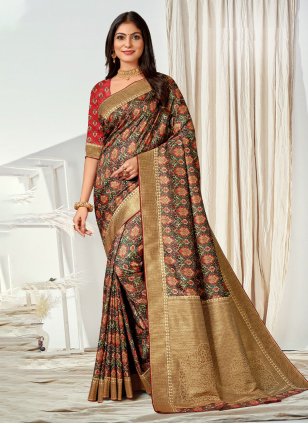 Multi Colour Tussar Silk Digital Print Classic Sari