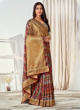 Multi Colour Tussar Silk Digital Print Contemporary Sari