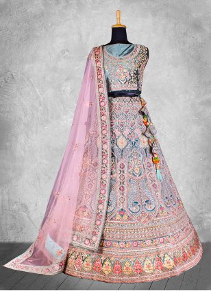 Multi Colour Velvet Embroidered Lehenga Choli