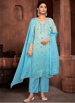 Muslin Embroidered Readymade Salwar Kameez in Blue