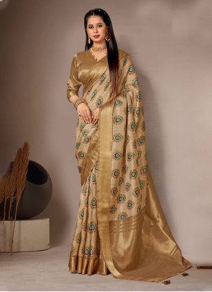 Mustard Bhagalpuri Silk Digital Print Designer Sari