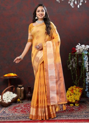 Mustard Cotton  Weaving Contemporary Sari