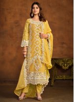 Mustard Organza Embroidered Trendy Salwar Suits