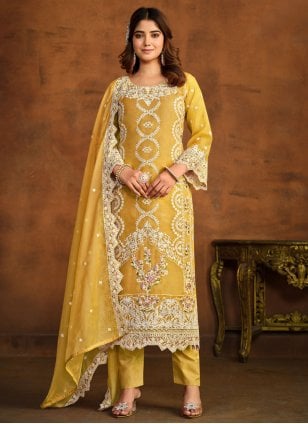 Mustard Organza Embroidered Trendy Salwar Suits