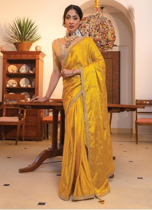 Mustard Satin Embroidered Contemporary Sari
