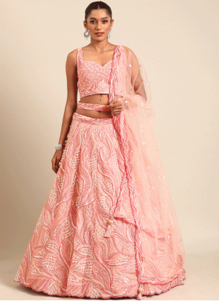 Net Fancy Work Lehenga Choli in Pink