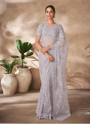 Net Grey Embroidered work Traditional Saree
