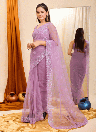 Net Lavender Sequins work Traditional Saree