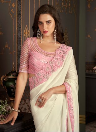 Off White and Pink Silk Border Trendy Saree