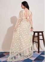 Off White Net Embroidered Designer Sari