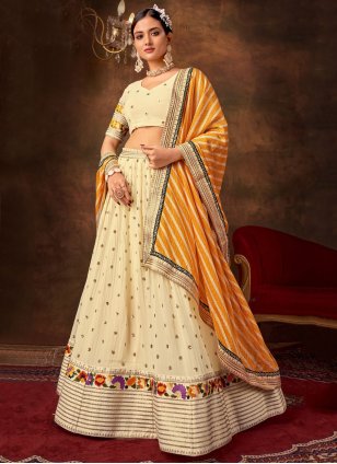 Off White Pure Georgette Embroidered A - Line Lehenga