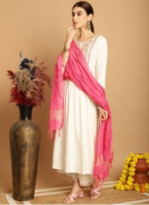 Off White Rayon Embroidered Palazzo Salwar Suit