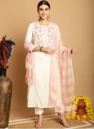 Off White Rayon Embroidered Readymade Salwar Suits