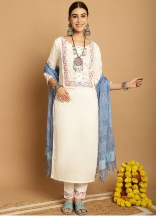 Off White Rayon Embroidered Trendy Salwar Suits