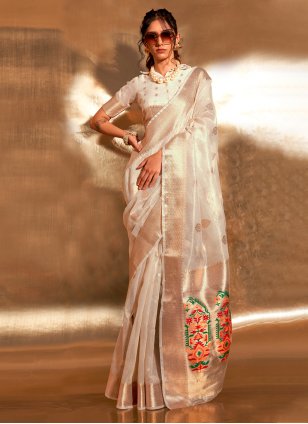Off White Tissue Woven Designer Sari