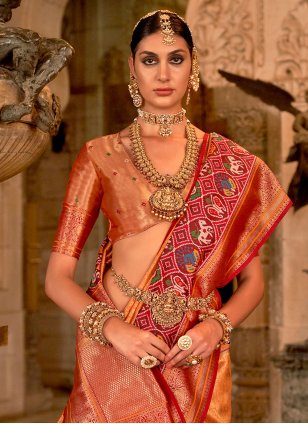 Orange Banarasi Silk Meena Classic Sari