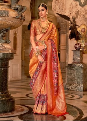 Orange Banarasi Silk Meena Classic Sari