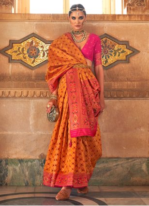 Orange Banarasi Silk Weaving Classic Sari