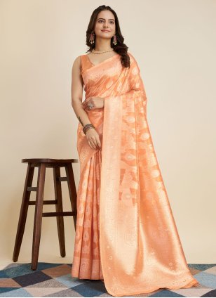 Orange Banarasi Silk Weaving Designer Saree