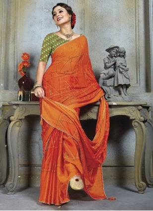 Buy Pink and Orange Organza Saree Online in USA with Gota Work – Pure  Elegance