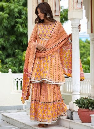 Orange Cotton  Lace Trendy Salwar Suits