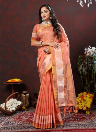 Orange Cotton  Weaving Trendy Saree