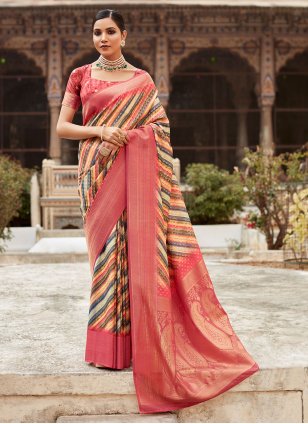 Orange Crepe Woven Contemporary Sari