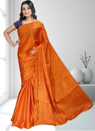 Orange Kanjivaram Silk Embroidered Classic Sari