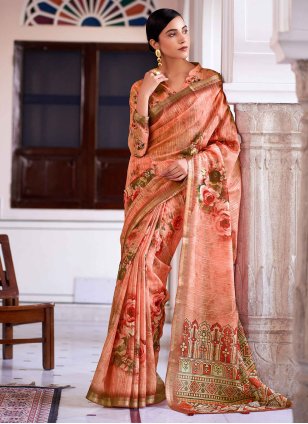 Orange Linen Digital Print Designer Sari