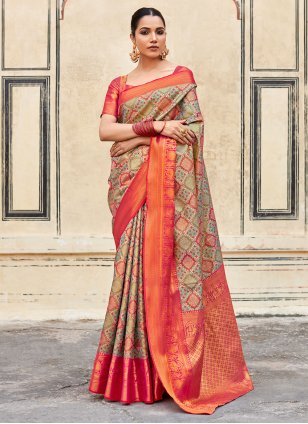Orange Pure Silk Weaving Contemporary Sari