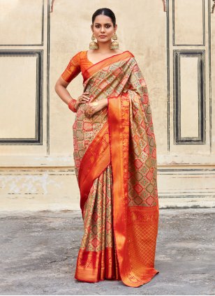 Orange Pure Silk Weaving Trendy Saree