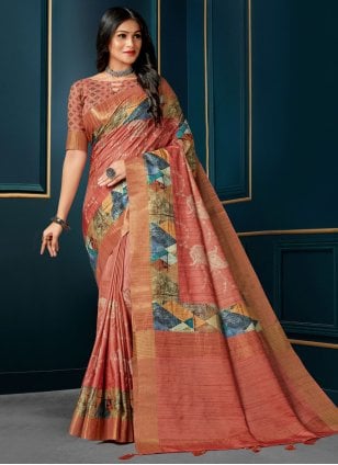 Orange Silk Digital Print Trendy Sari